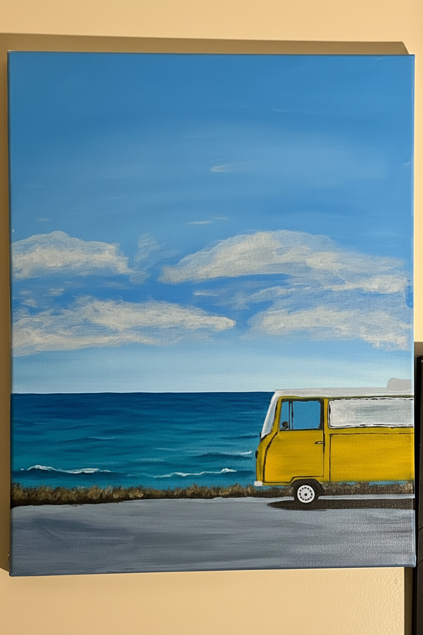 Coastal Escape – Yellow VW Bus Realistic