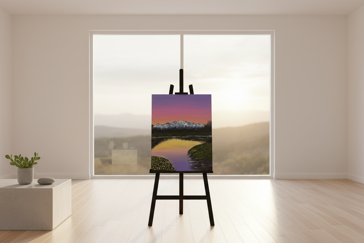 Mountain Sunset Reflection – Original Canvas Painting in Minimalist Living Room