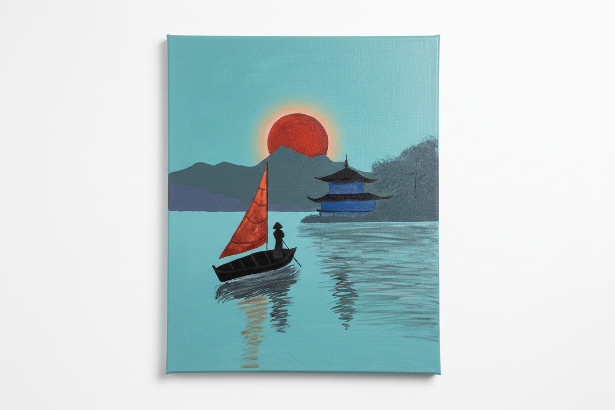 Serene Japanese Sunset Sailboat Painting