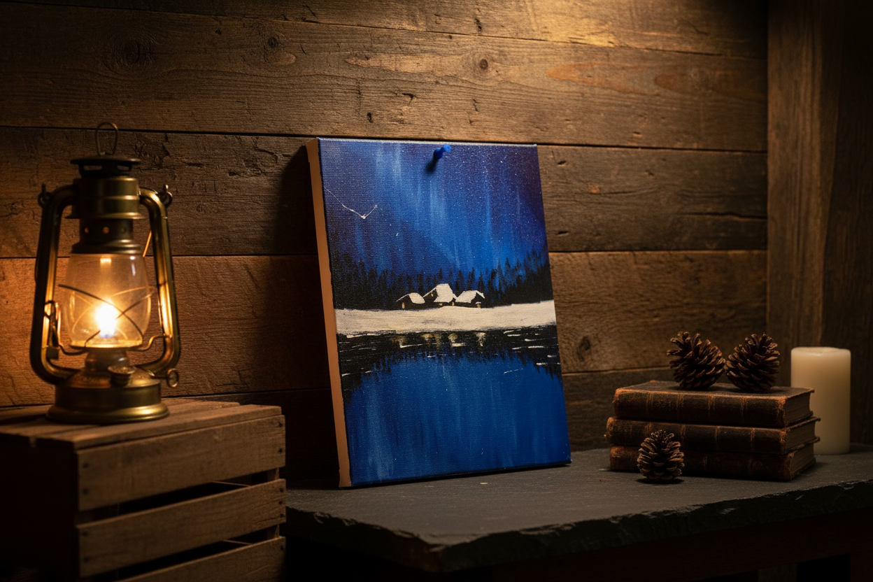 Starry Night Camp – Original Canvas Painting in Cozy Cabin Setting