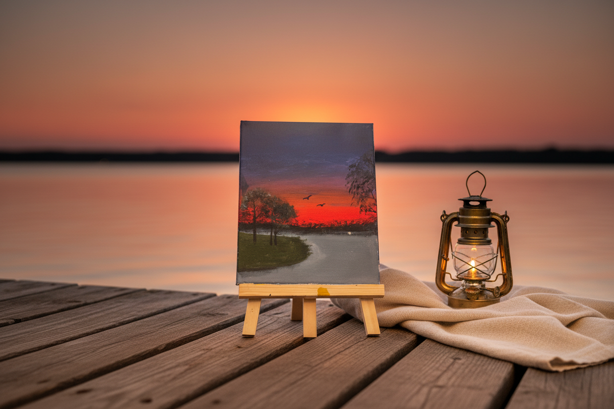 Sunset Over the Lake – Original Canvas Painting on Lakeside Dock