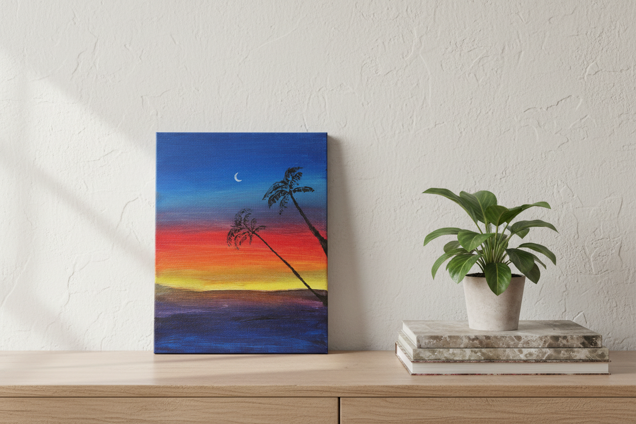 Tropical Crescent Sunset – Canvas Painting in Styled Setting